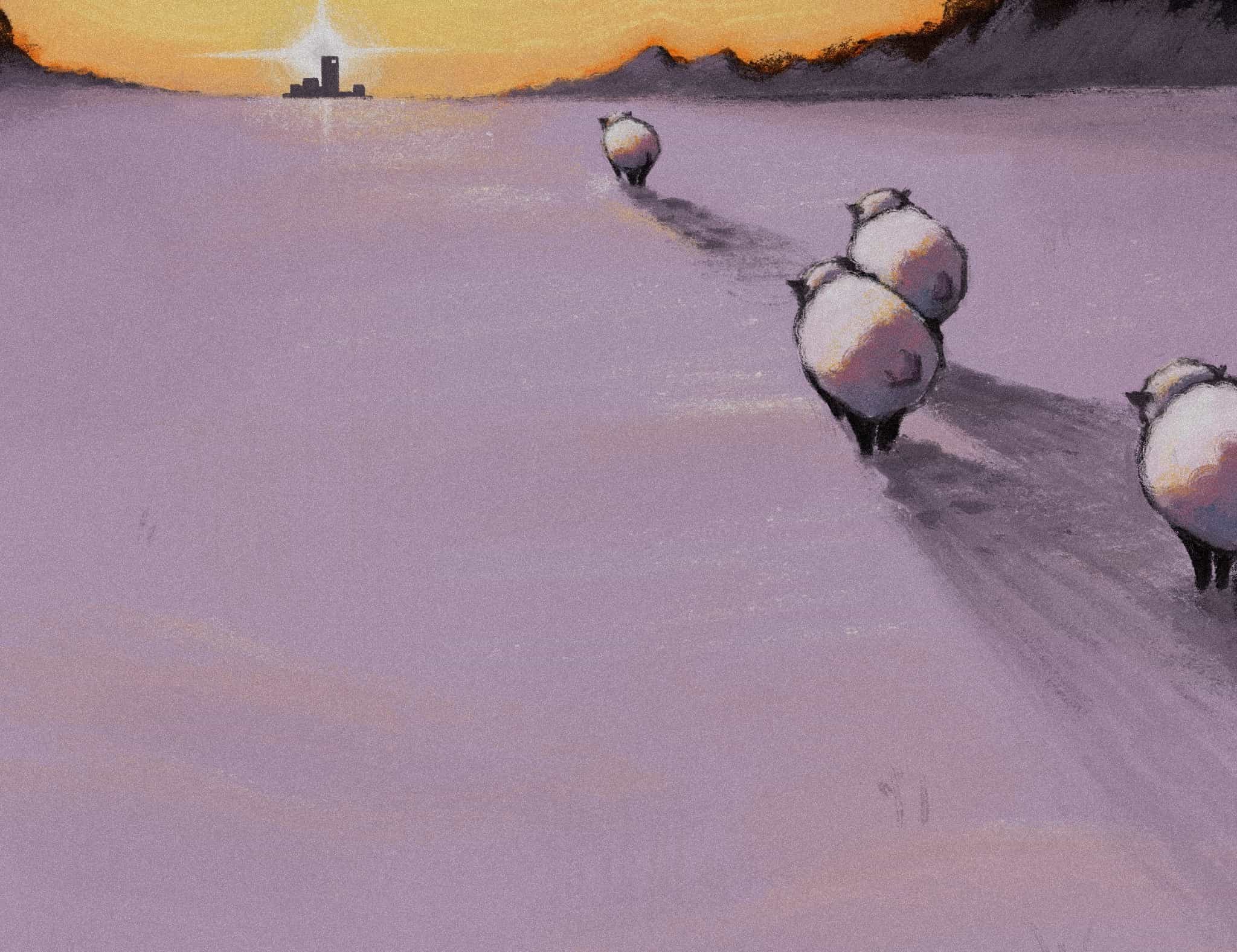 Sheep walking towards a distant city